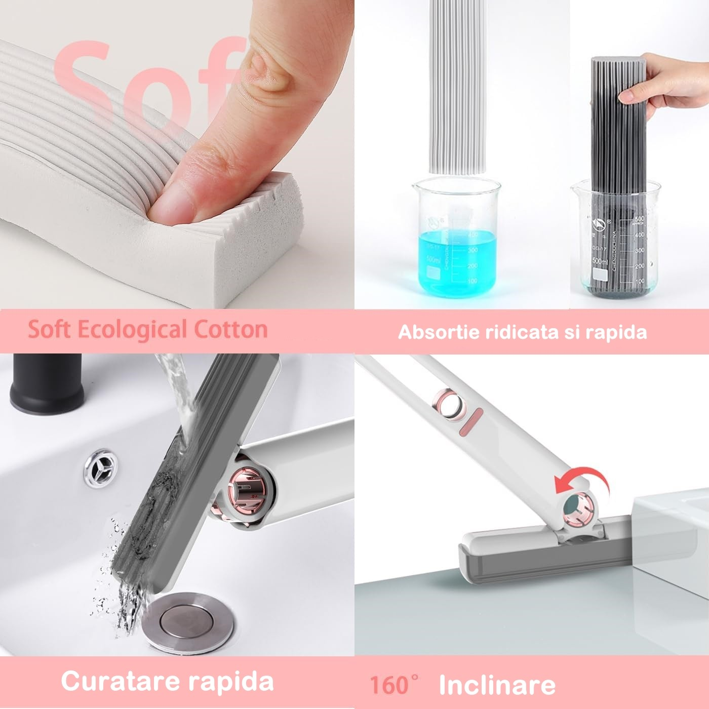 Mini Mop Magic pentru Bucătărie și Baie, Burete PVA cu Stoarcere - Curăță fără Bureți Murdari și Mâini Ude