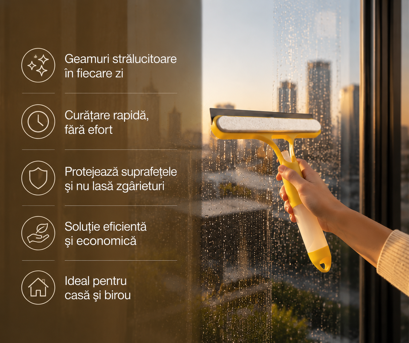 Racletă 3in1 pentru Geamuri și Suprafețe, Mâner Telescopic - Curăță fără Dungi și Fâșii de Apă