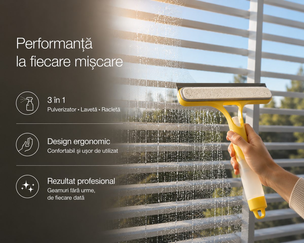 Racletă 3in1 pentru Geamuri și Suprafețe, Mâner Telescopic - Curăță fără Dungi și Fâșii de Apă