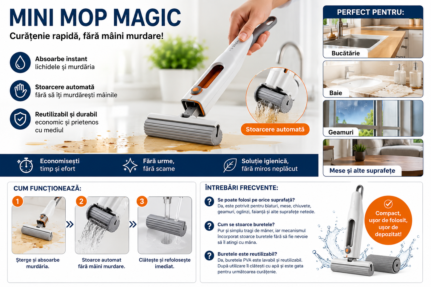 Mini Mop Magic pentru Bucătărie și Baie, Burete PVA cu Stoarcere - Curăță fără Bureți Murdari și Mâini Ude