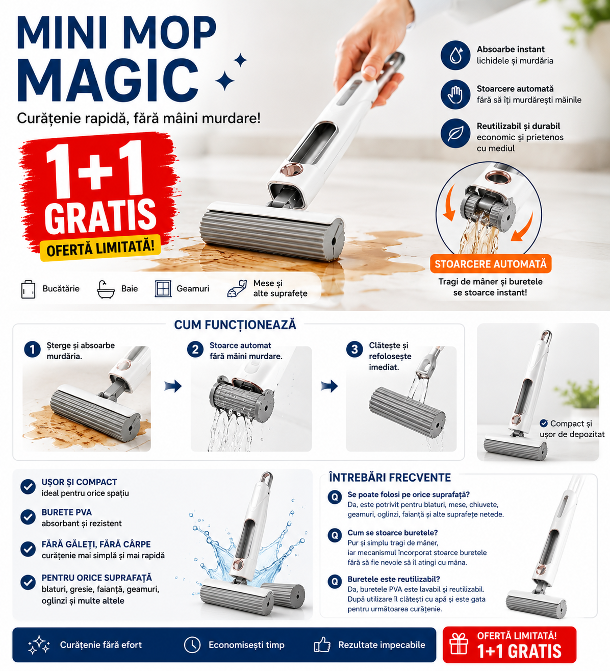 Mini Mop Magic pentru Bucătărie și Baie, Burete PVA cu Stoarcere - Curăță fără Bureți Murdari și Mâini Ude